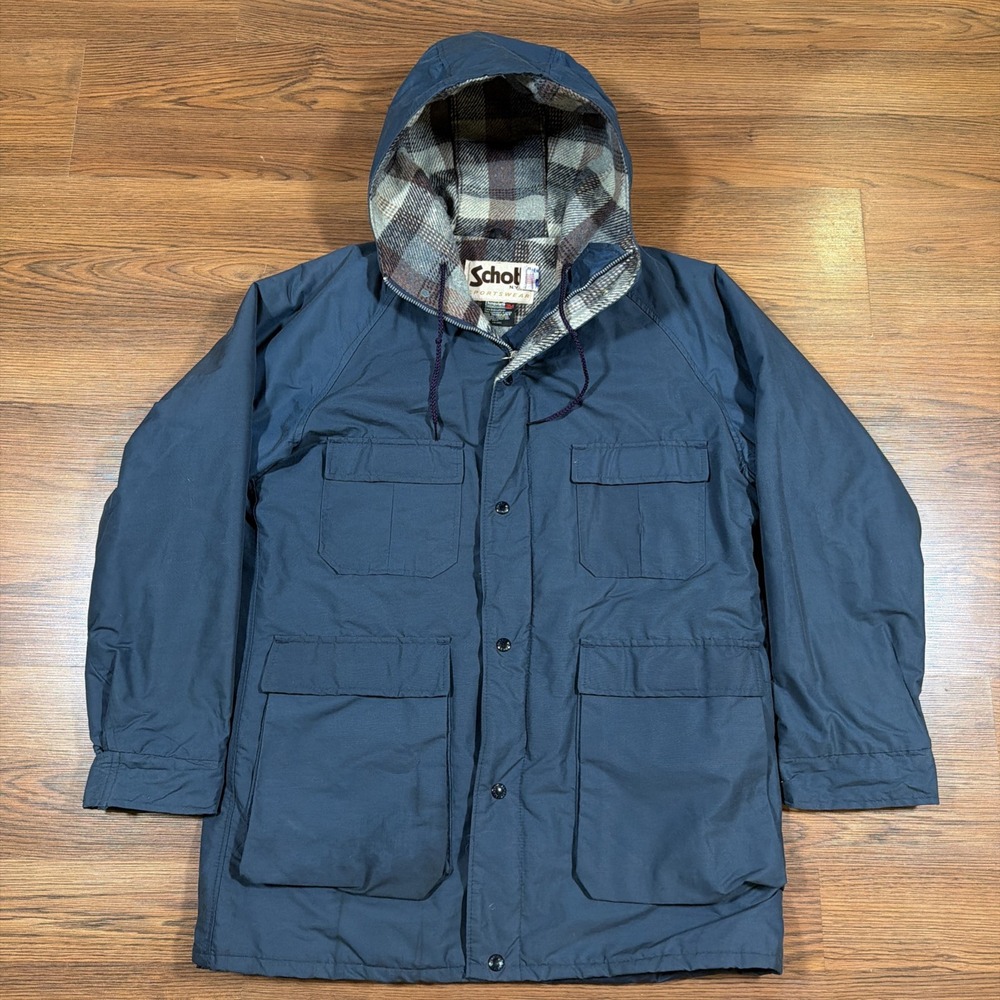 VTG Schott NYC Field Parka Jacket Mens Medium Blue Plaid Flannel Lined Hooded